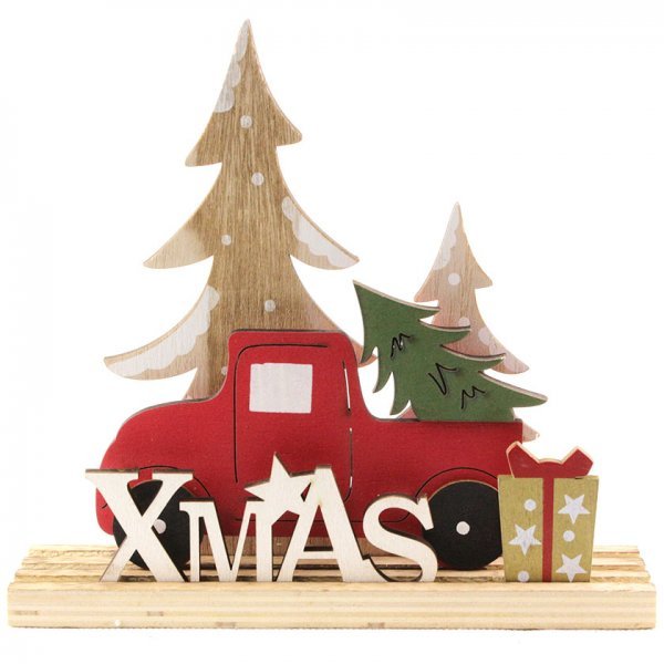 Χριστουγεννιάτικο Διακοσμητικό Ξύλινο Αυτοκινητάκι, με "XMAS" και Δεντράκια (20cm)